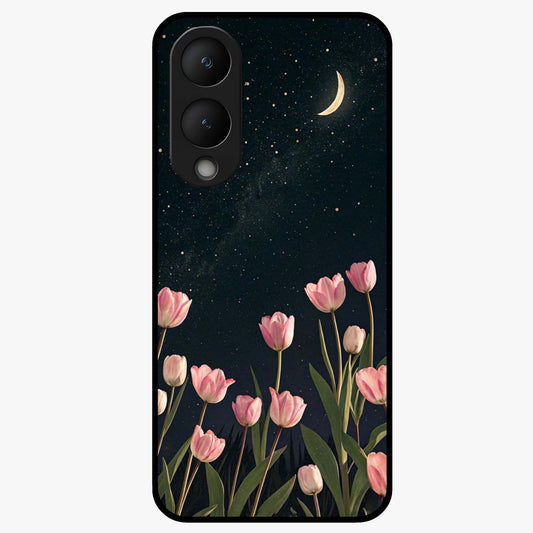 Midnight Tulip Whispers Vibe Glass Case showing flat back view with elegant tulip flower artwork and glossy glass finish.