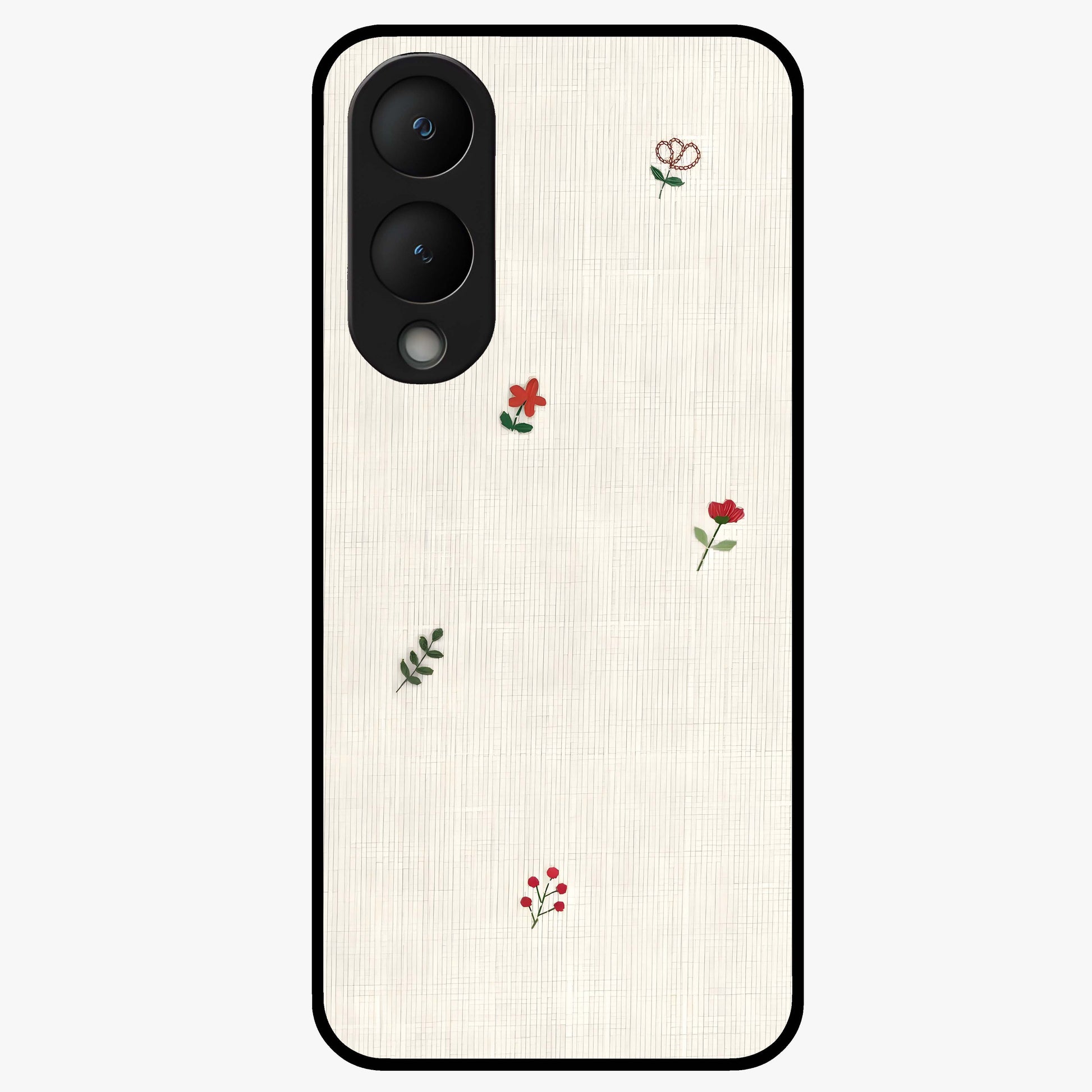Minimal Petal Whispers Glass Case showing flat back view with soft minimal floral artwork and glossy glass finish.