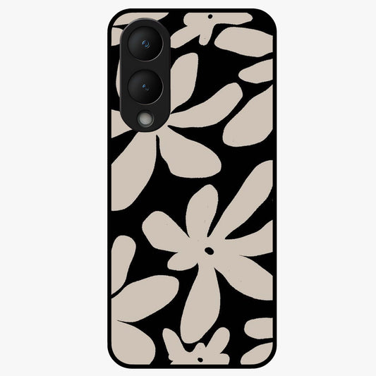 Monochrome Petal Dance Glass Case showing flat back view with monochrome floral artwork and glossy glass finish.