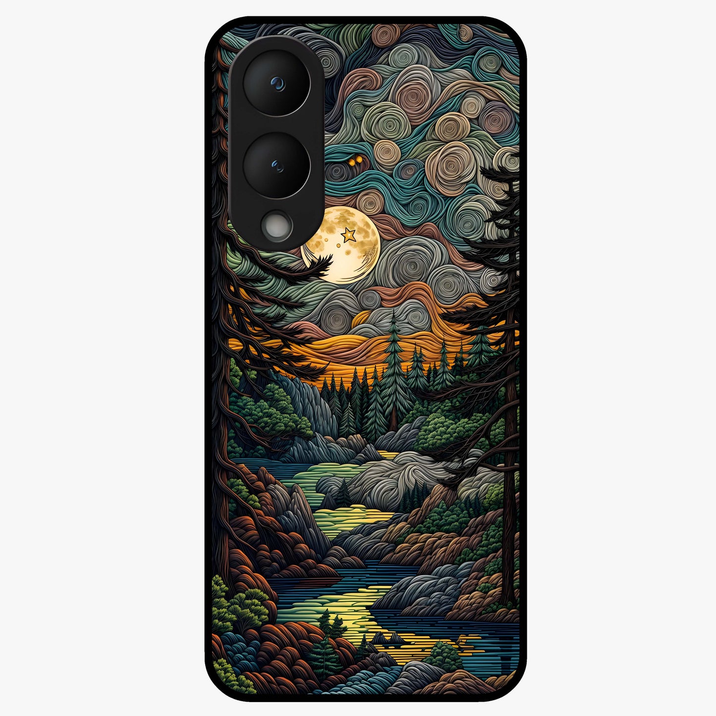Moonlight Forest Dream Glass Case showing flat back view with mystical forest moonlight artwork and glossy glass finish.