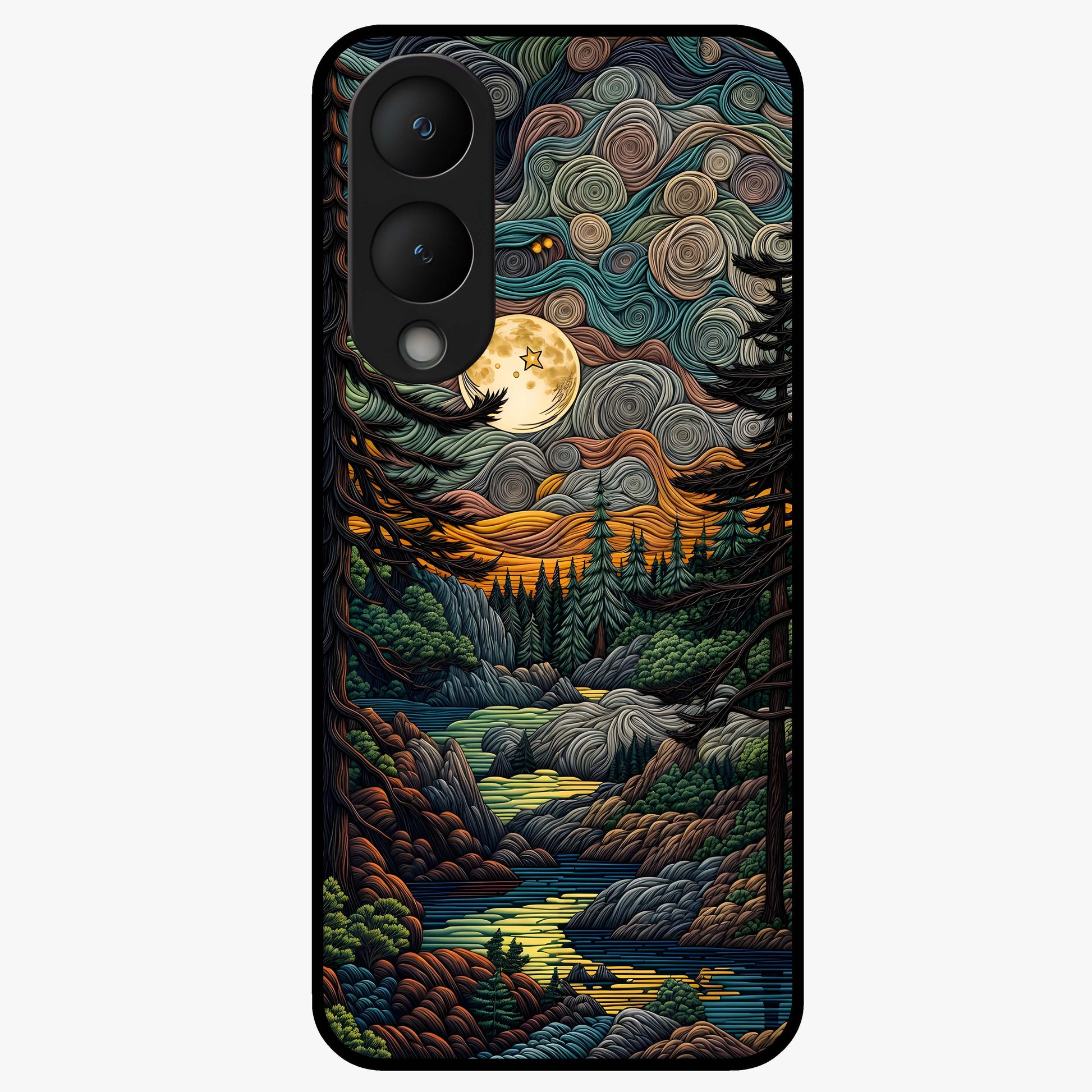 Moonlight Forest Dream Glass Case showing flat back view with mystical forest moonlight artwork and glossy glass finish.
