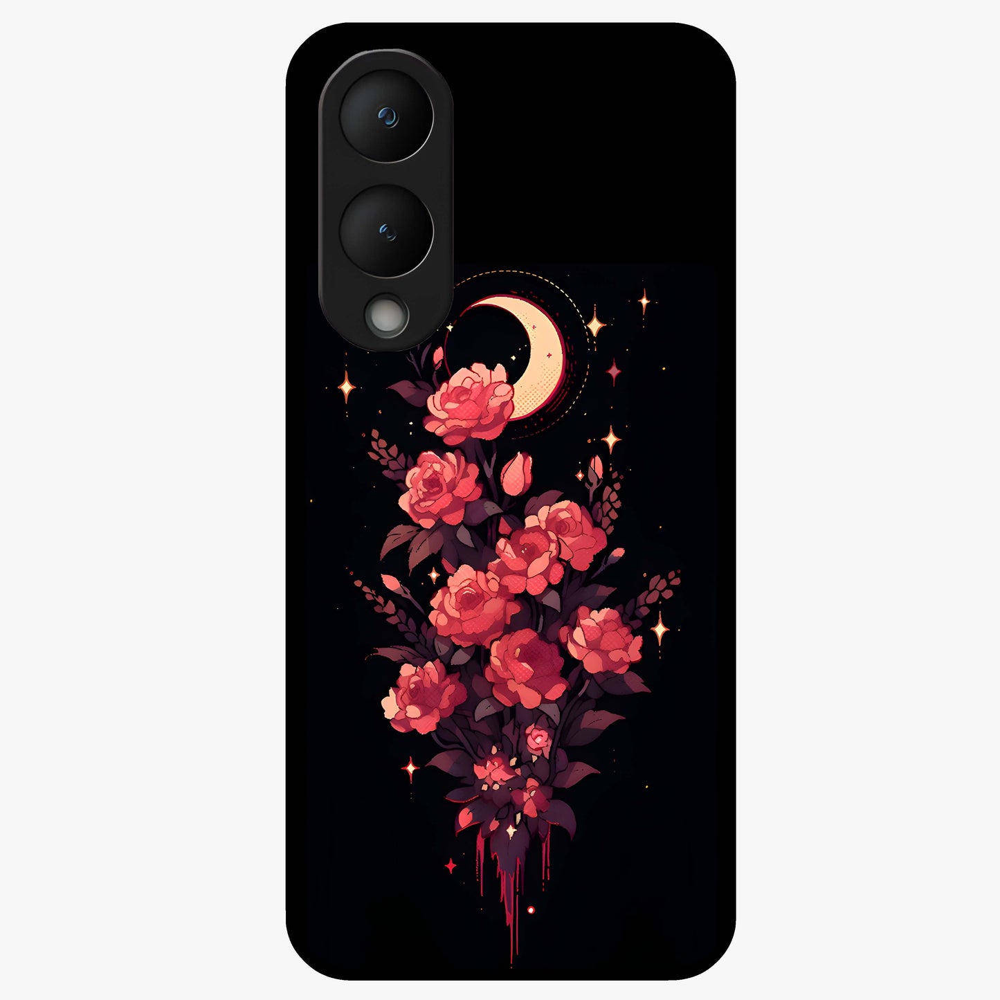 Moonlit Floral Elegance Glass Case showing flat back view with elegant floral artwork under moonlit tones and glossy glass finish.