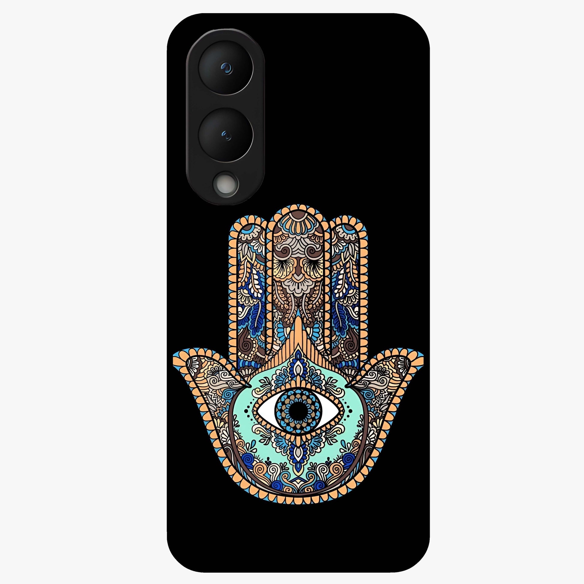 Mystic Hamsa Eye Glass Case showing flat back view with protective hamsa hand and evil eye artwork and glossy glass finish.