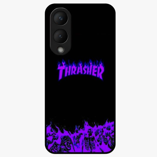 Neon Flame Riot Glass Case showing flat back view with neon flame artwork and glossy glass finish.