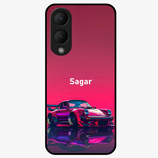 Neon Pink Porsche Glass Case showing flat back view with stylish sports car artwork and glossy glass finish.