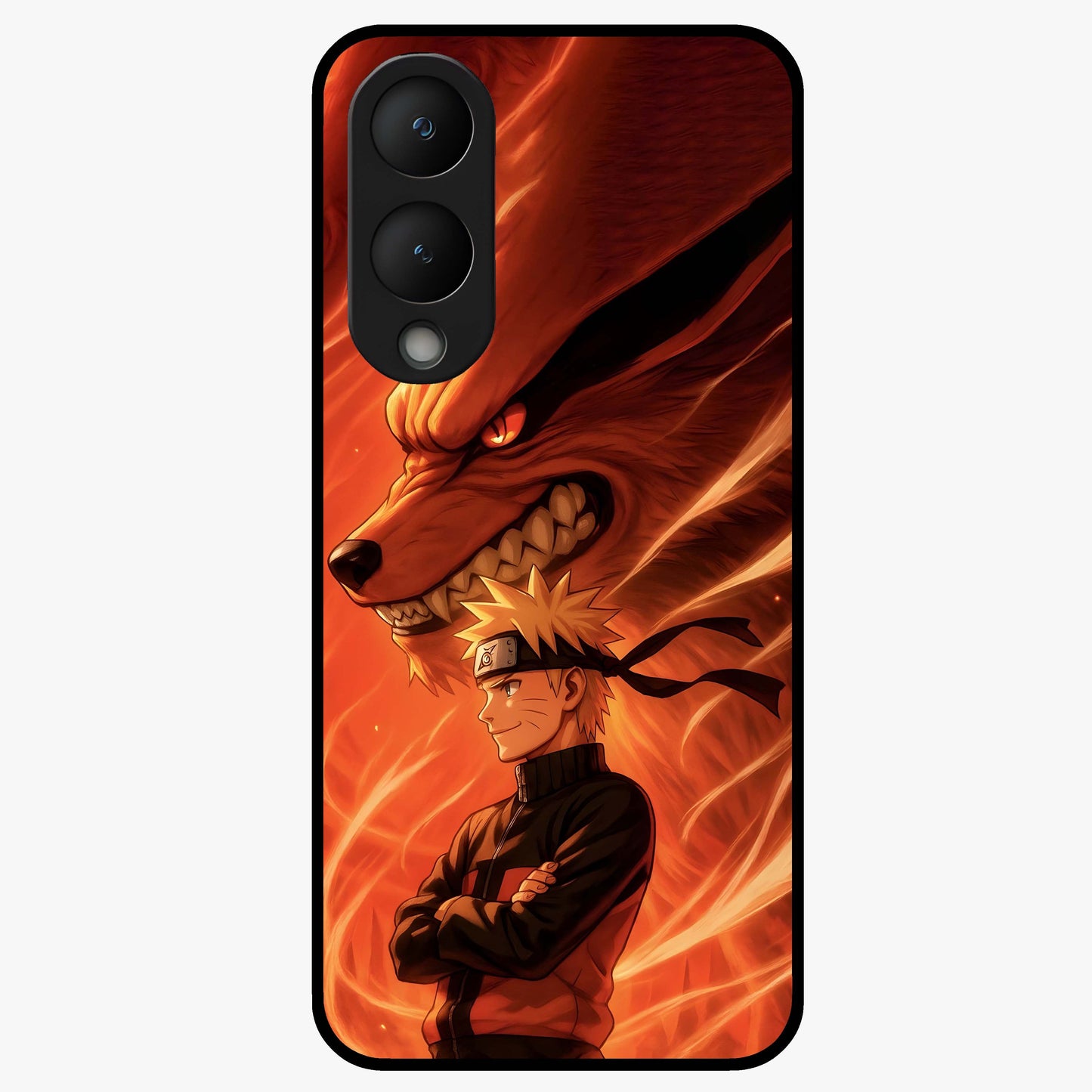 Nine Tails Legacy Glass Case showing flat back view with powerful nine-tailed fox inspired artwork and glossy glass finish.