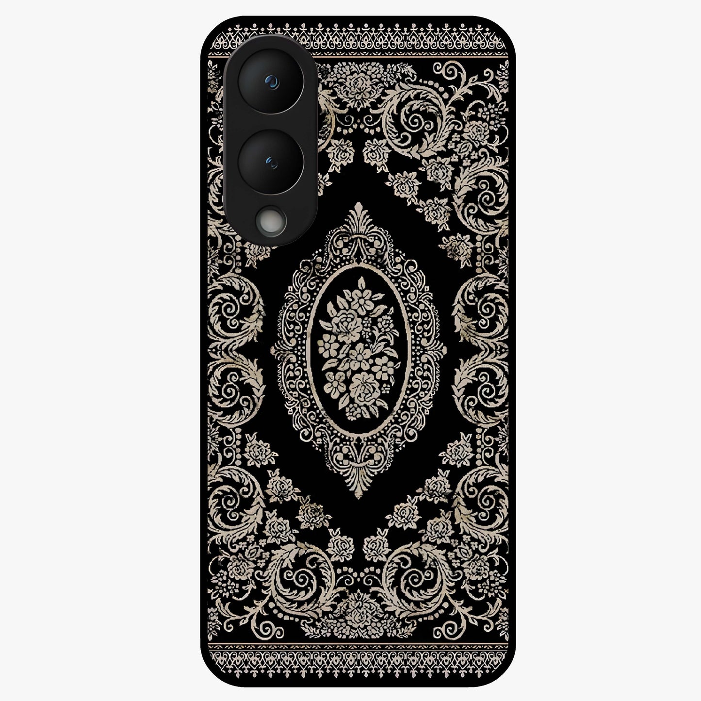Noir Bloom Elegance Glass Case showing flat back view with elegant dark floral artwork and glossy glass finish.