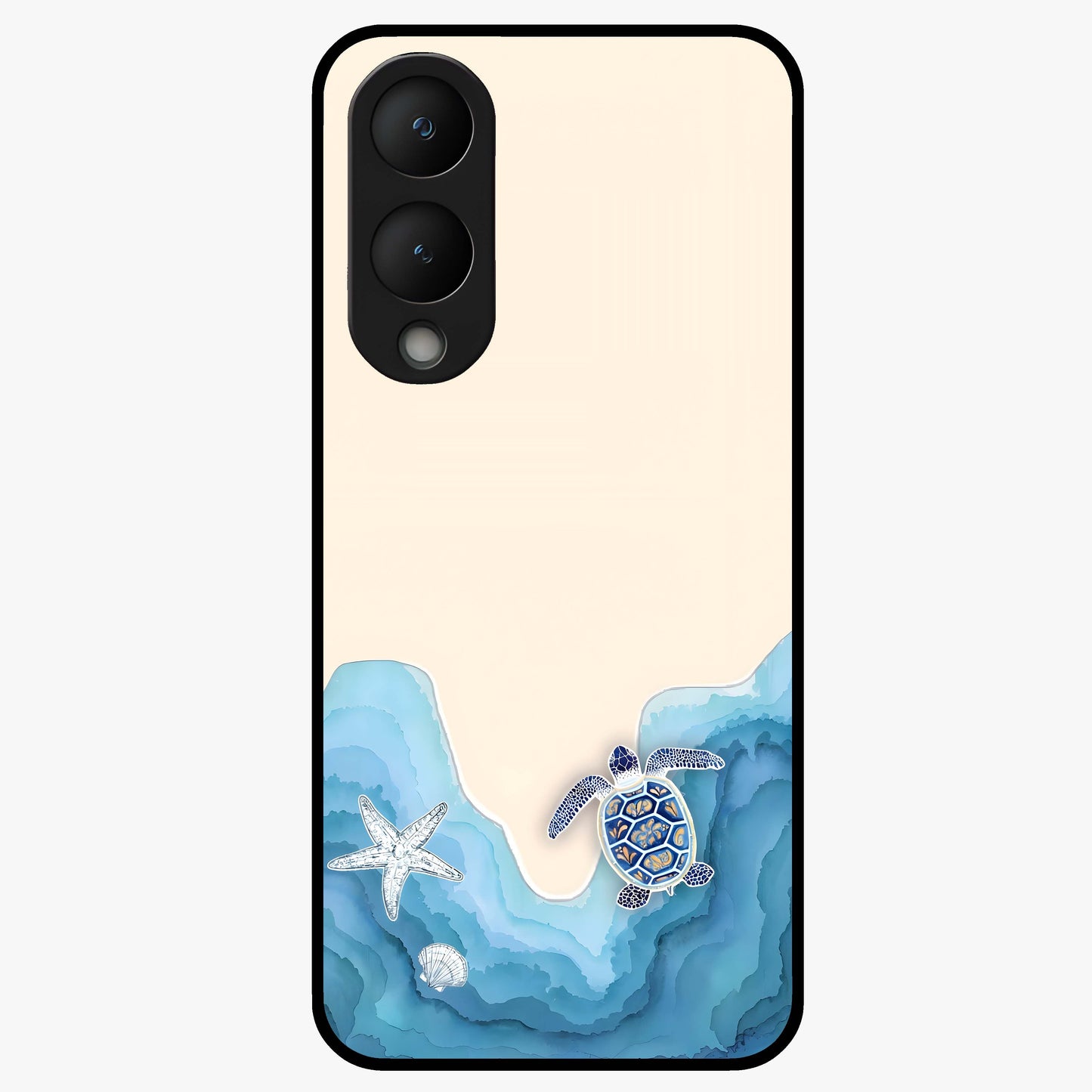 Ocean Drift Turtle Glass Case showing flat back view with sea turtle artwork and glossy glass finish.