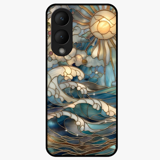 Oceanic Stained Printed Glass Case showing flat back view with ocean inspired stained pattern artwork and glossy glass finish.