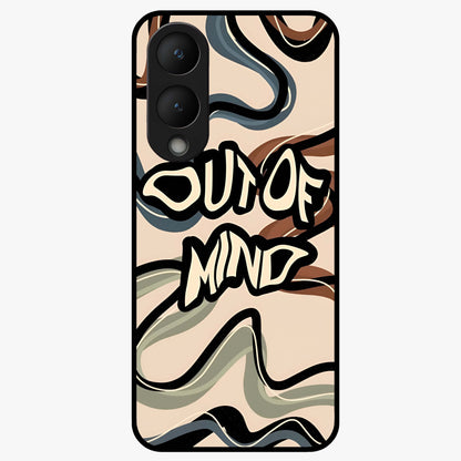 Out Of Mind Glass Case showing flat back view with expressive typography artwork and glossy glass finish.
