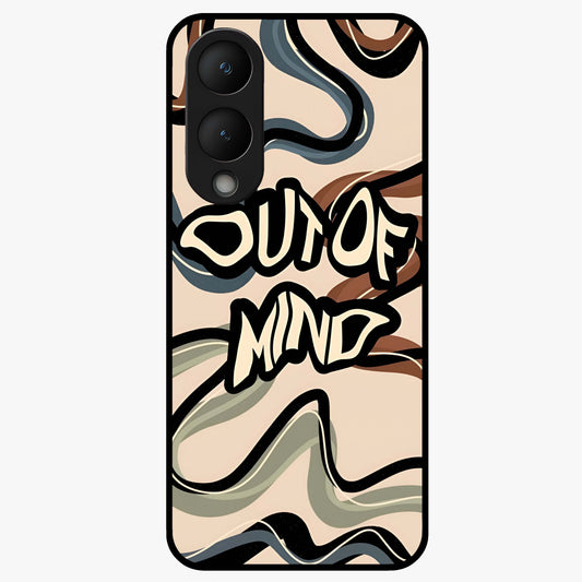 Out Of Mind Glass Case showing flat back view with expressive typography artwork and glossy glass finish.