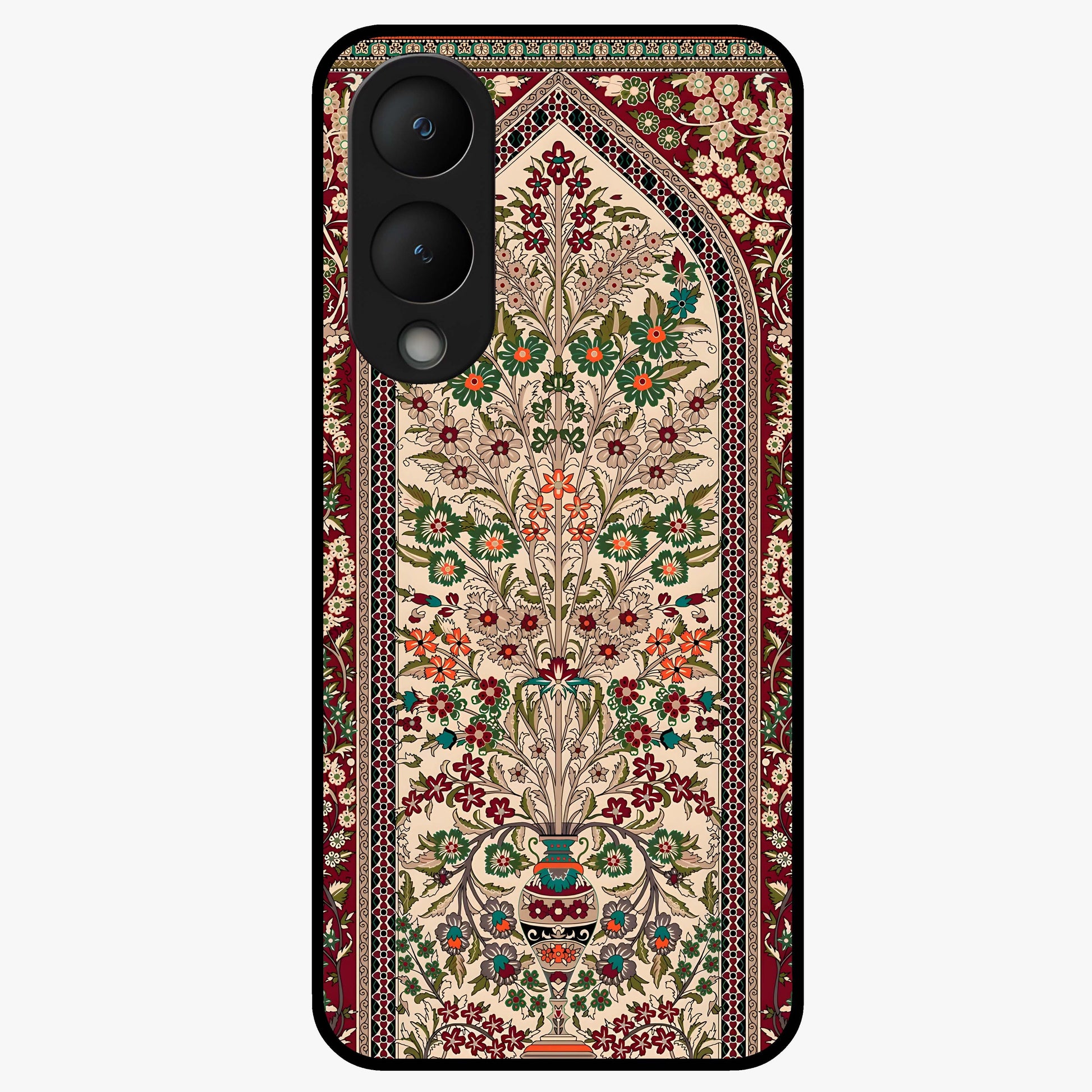 Persian Inspired Glass Case showing flat back view with ornate Persian style pattern artwork and glossy glass finish.