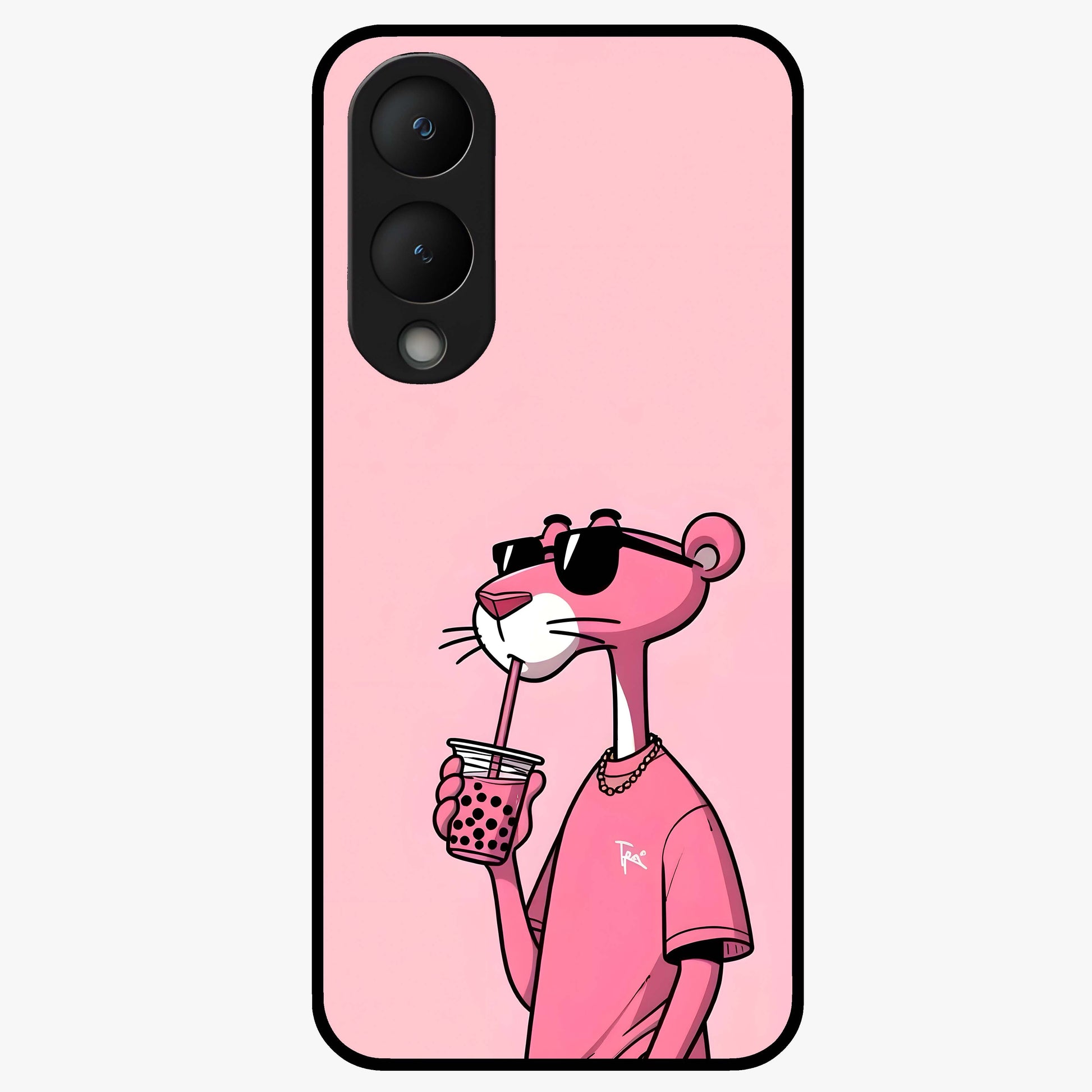 Pink Panther Glass Case showing flat back view with iconic pink panther artwork and glossy glass finish.