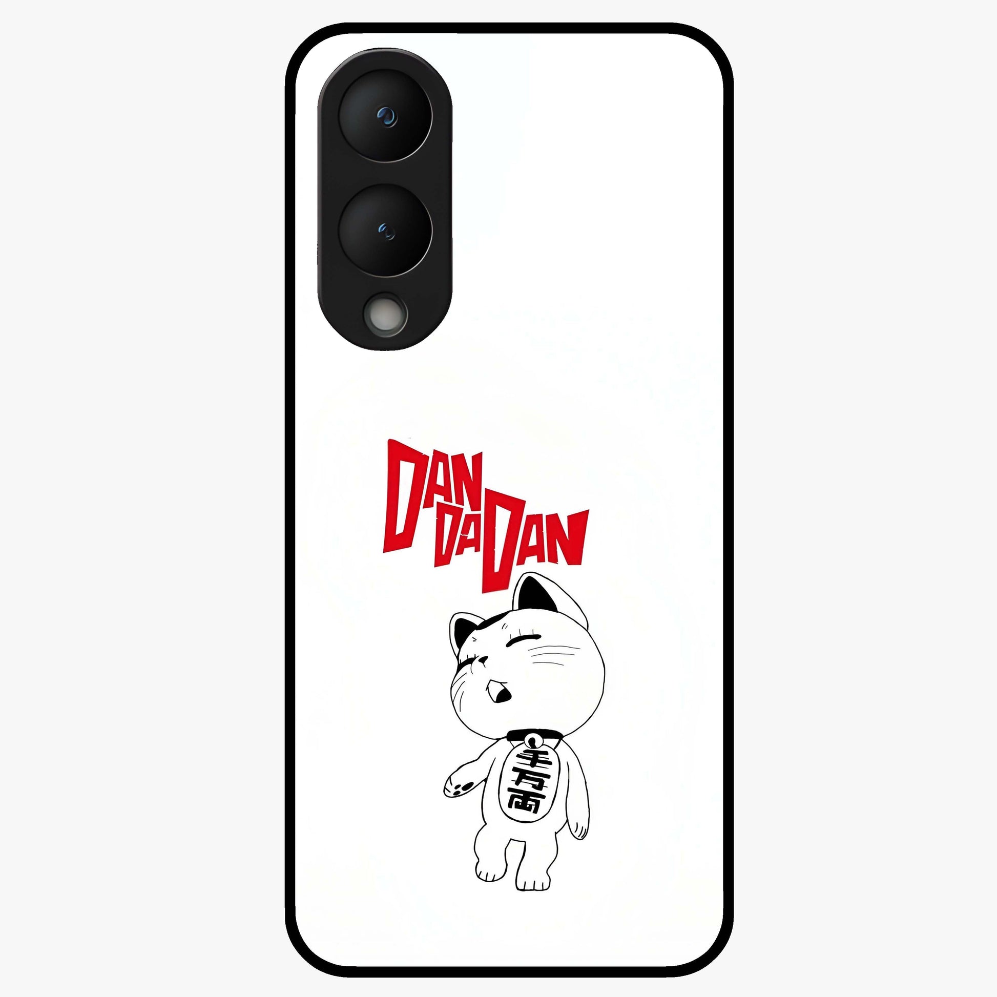 Playful Spirit Charm Glass Case showing flat back view with cheerful charm themed artwork and glossy glass finish.