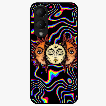 Psychedelic Sun Glass Case showing flat back view with colorful psychedelic sun artwork and glossy glass finish.