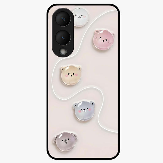 Puffy Face Parade Glass Case showing flat back view with cute puffy character faces artwork and glossy glass finish.