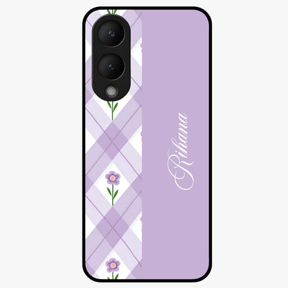 Purple Diamond Floral Glass Case showing flat back view with diamond shaped floral artwork and glossy glass finish.