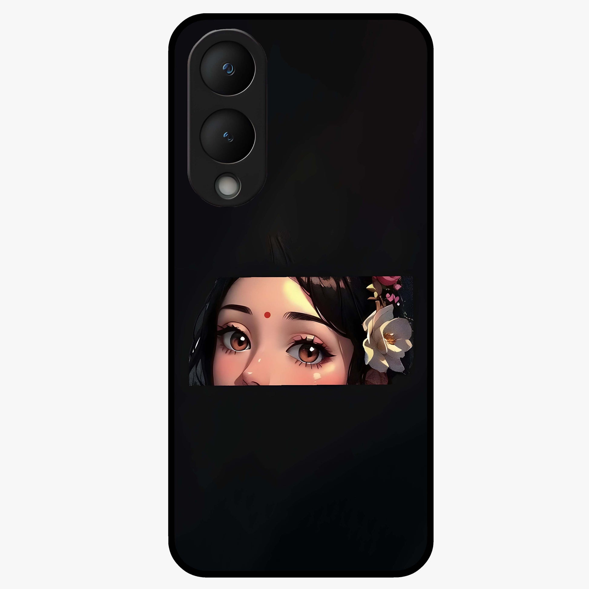 Radha Divine Embrace Glass Case showing flat back view with devotional Radha artwork and glossy glass finish.