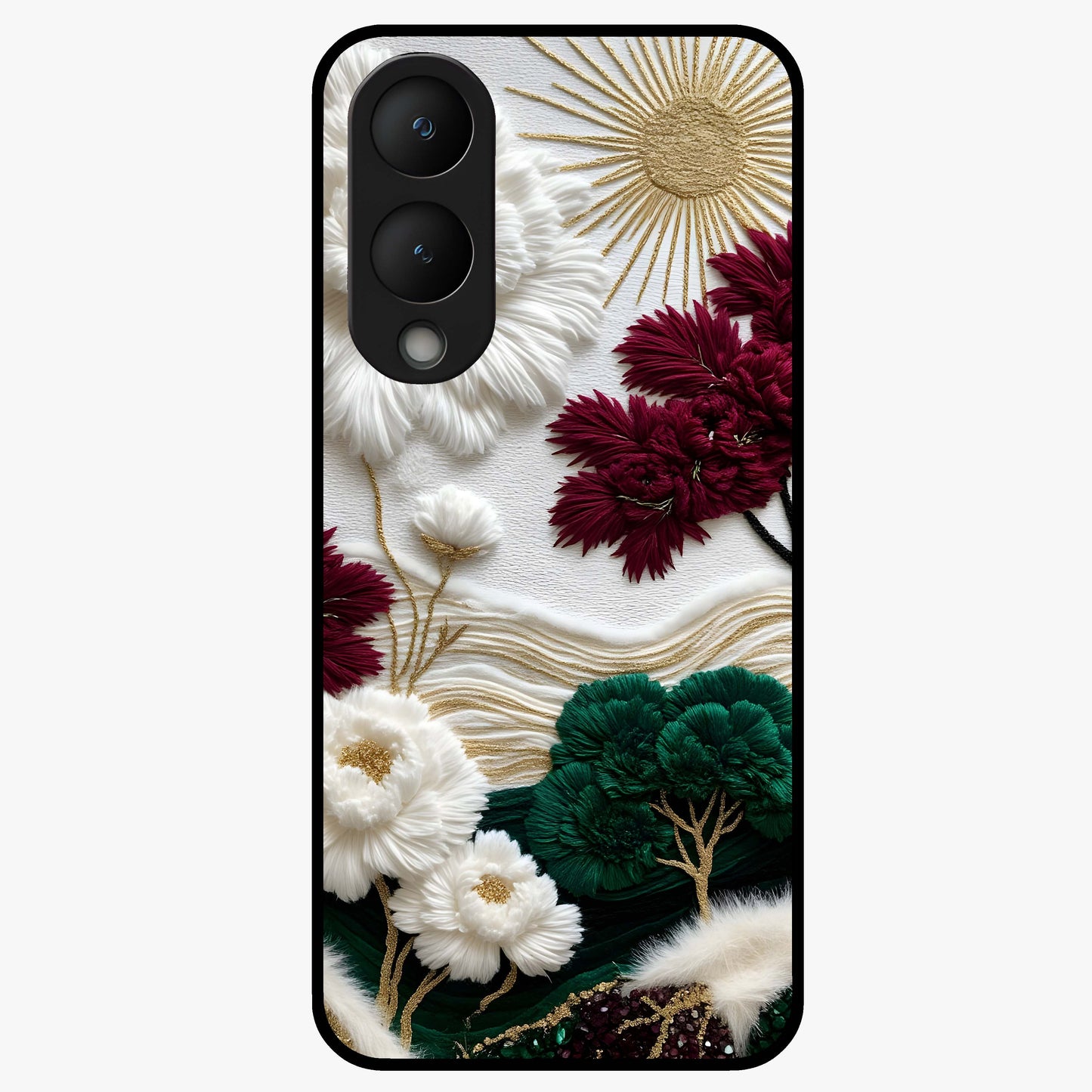 Radiant Bloom Elegance Glass Case showing flat back view with elegant blooming flower artwork and glossy glass finish.
