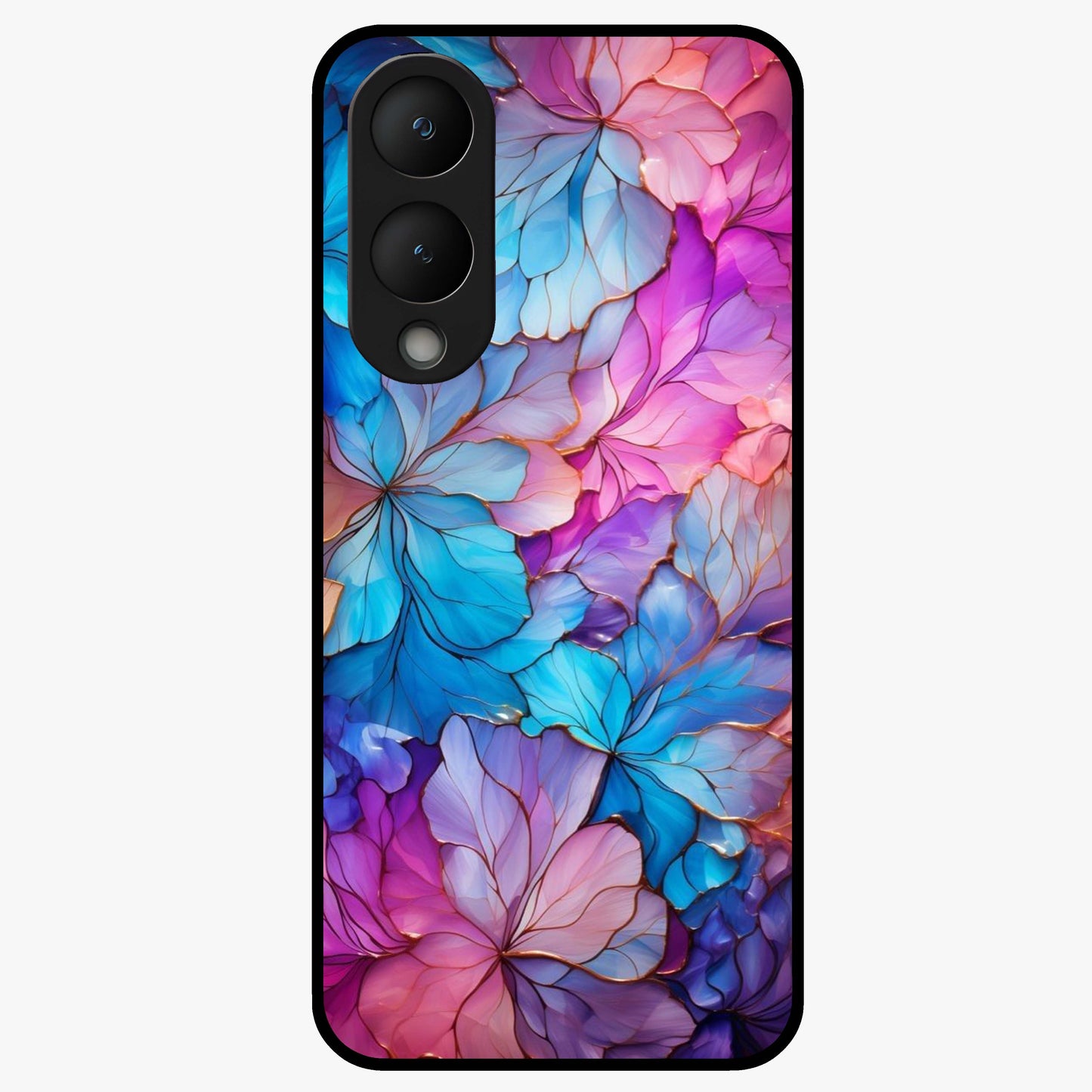 Radiant Floral Whirl Glass Case showing flat back view with swirling floral artwork and glossy glass finish.