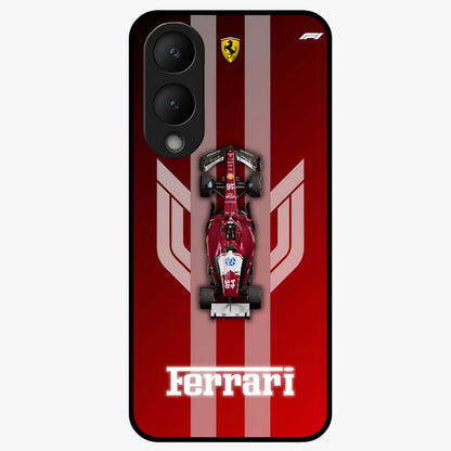 Red Ferrari F1 Vertical Glass Case showing flat back view with sleek Formula racing car artwork and glossy glass finish.