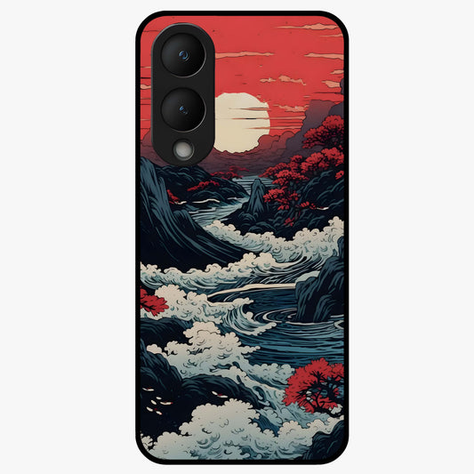 Red Sunset Scenery Glass Case showing flat back view with vibrant sunset landscape artwork and glossy glass finish.