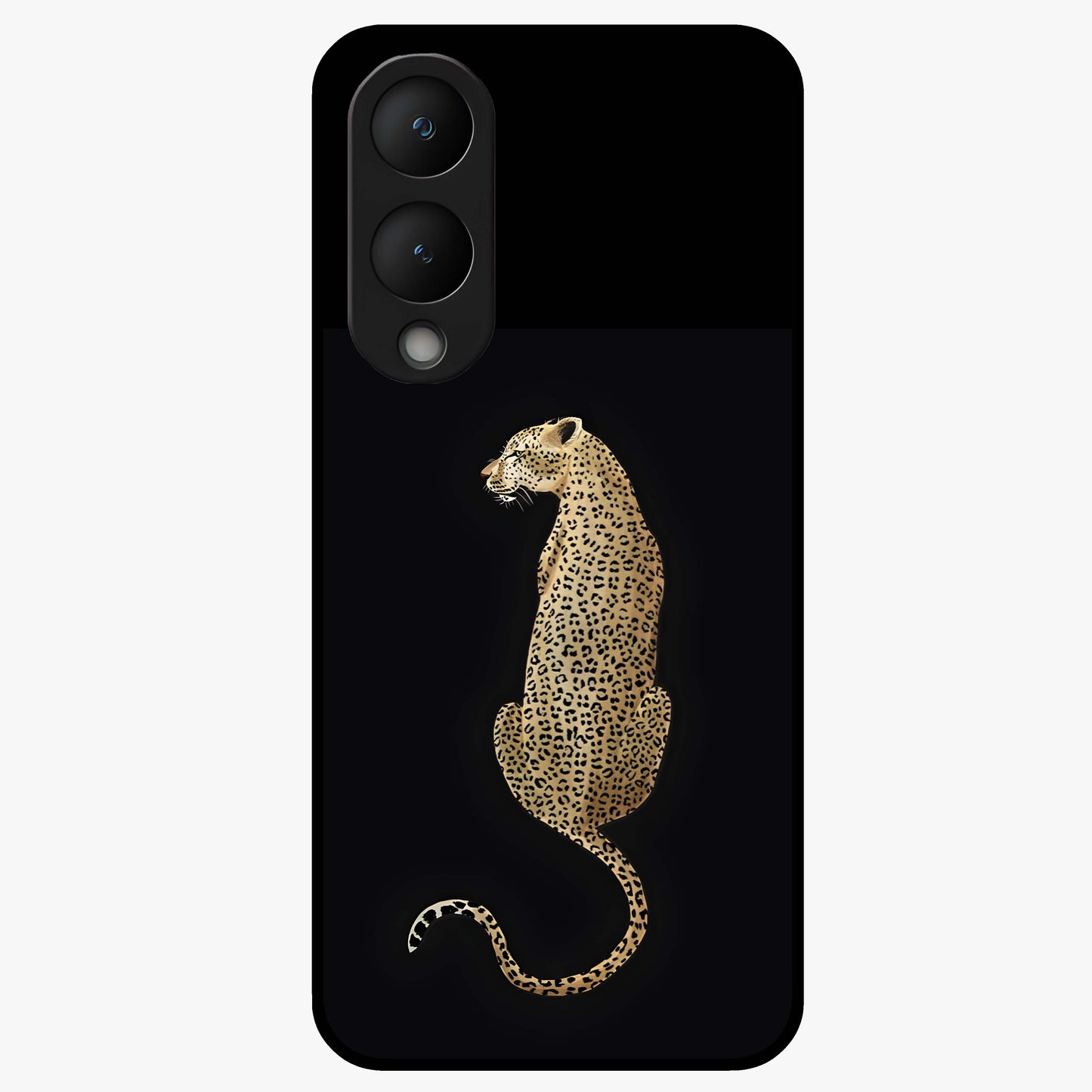 Regal Leopard Glass Case showing flat back view with bold leopard artwork and glossy glass finish.