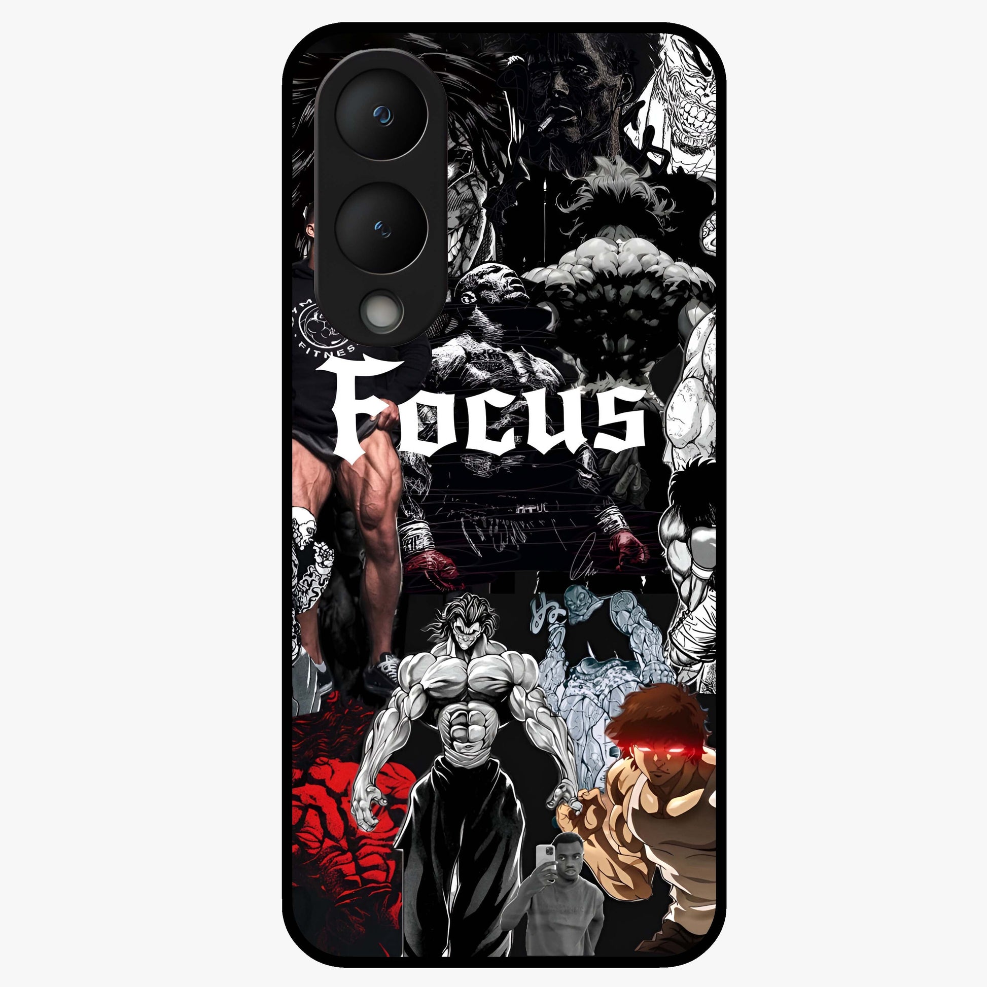 Relentless Power Focus Glass Case showing flat back view with motivational typography artwork and glossy glass finish.