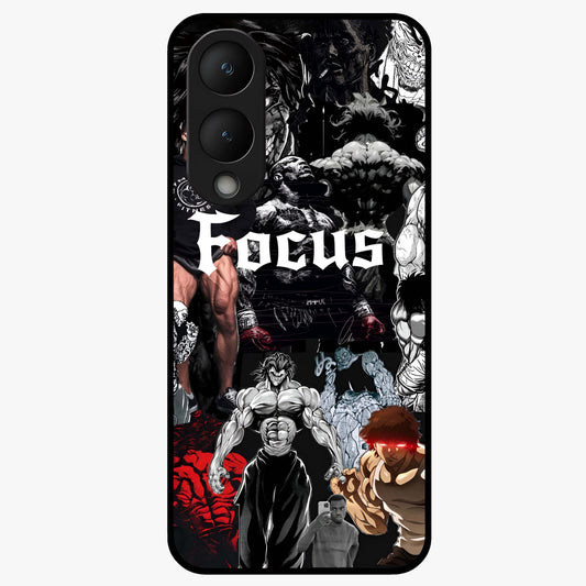 Relentless Power Focus Glass Case showing flat back view with motivational typography artwork and glossy glass finish.
