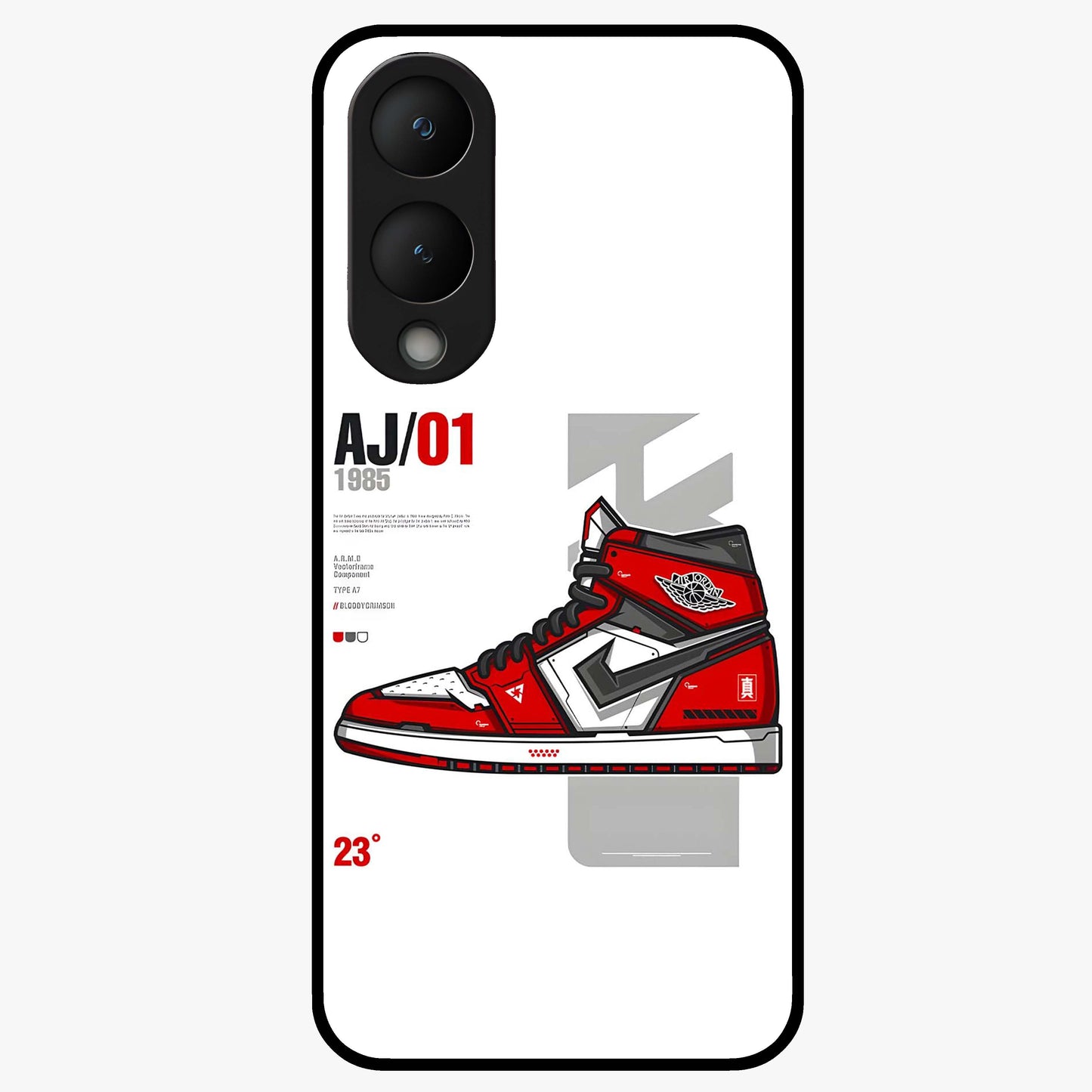 Retro Sneaker Blueprint Glass Case showing flat back view with sneaker blueprint style artwork and glossy glass finish.