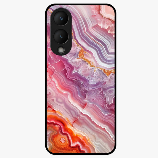 Rose Quartz Marble Glass Case showing flat back view with pink marble quartz texture artwork and glossy glass finish.