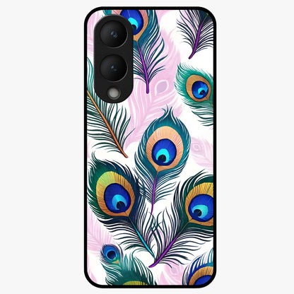 Royal Peacock Feathers Glass Case showing flat back view with colorful peacock feather artwork and glossy glass finish.