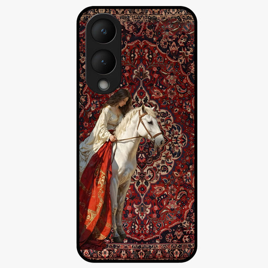 Royal Rider Tapestry Glass Case showing flat back view with majestic horse rider tapestry artwork and glossy glass finish.