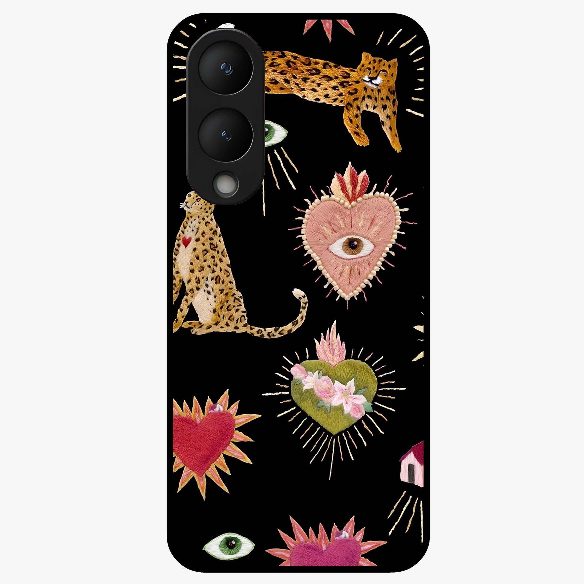 Sacred Jungle Heart Glass Case showing flat back view with jungle inspired heart artwork and glossy glass finish.