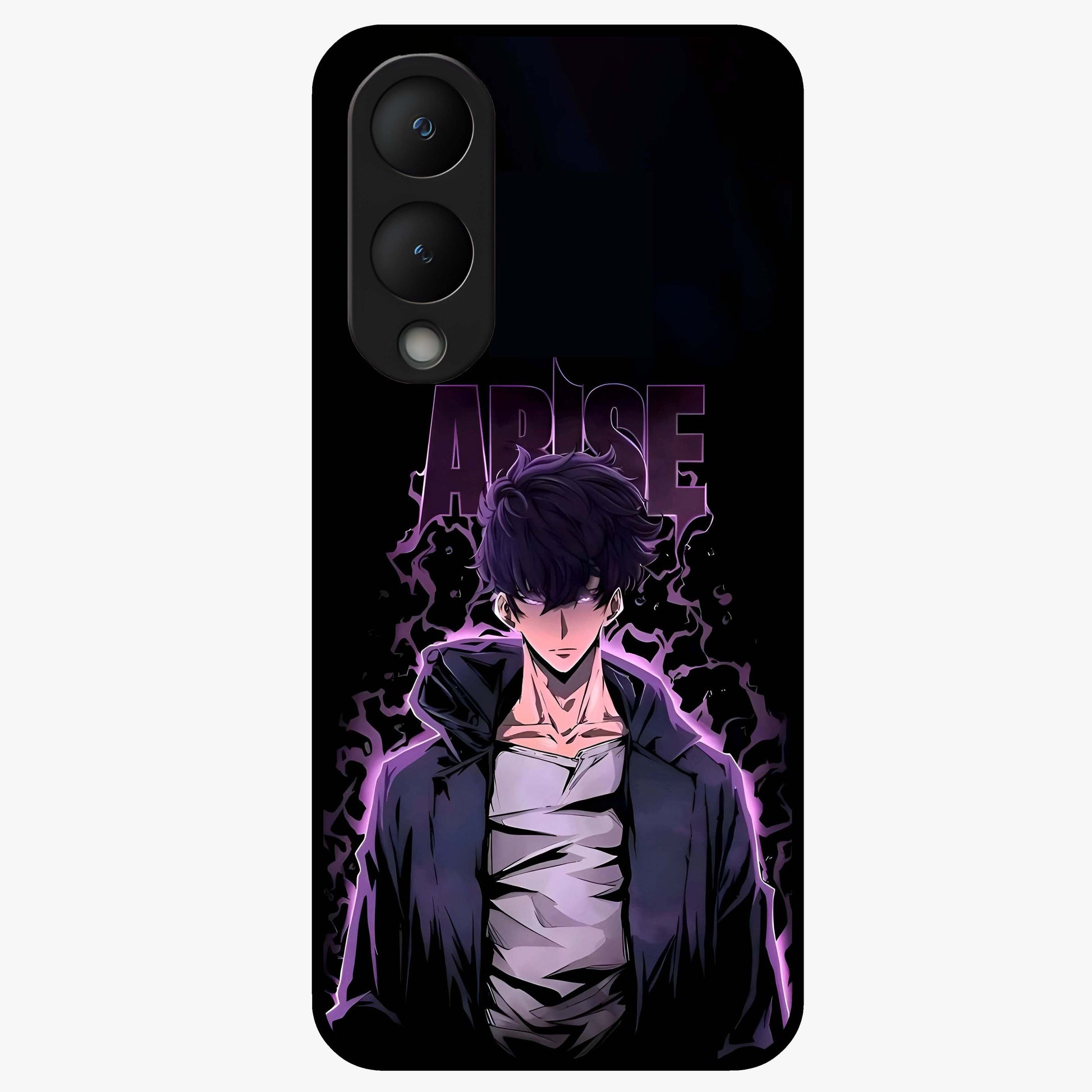 Shadow Monarch Awakening Glass Case showing flat back view with powerful dark monarch themed artwork and glossy glass finish.