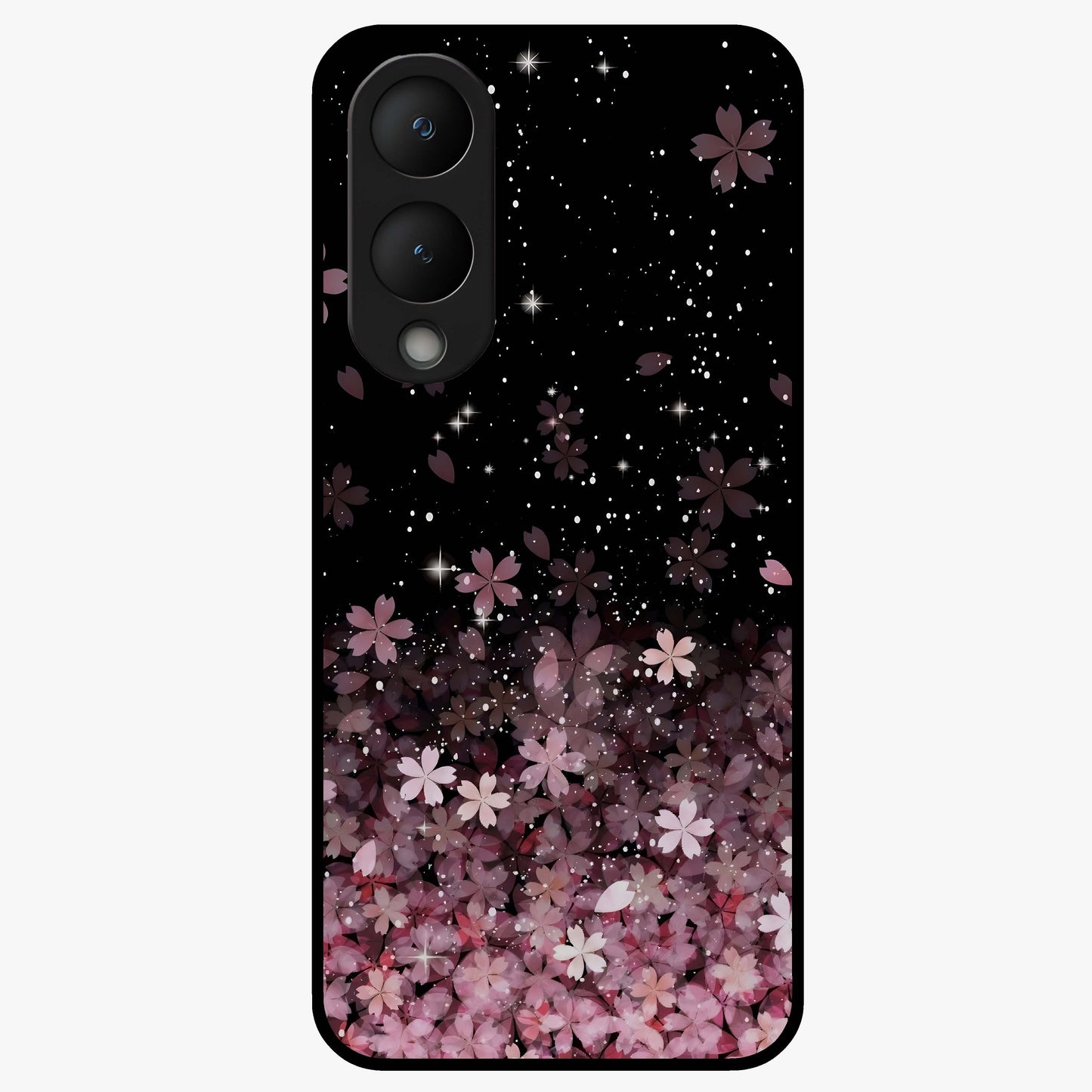 Small Starry Flowers Glass Case showing flat back view with delicate starry floral artwork and glossy glass finish.