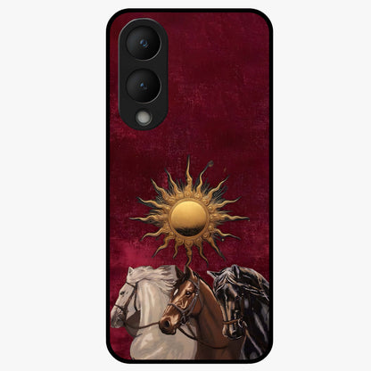 Solar Riders Glass Case showing flat back view with dynamic rider themed artwork and glossy glass finish.