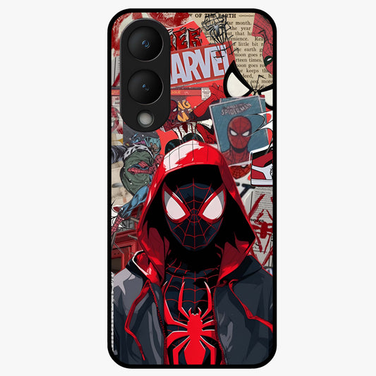 Spider Collage Street Glass Case showing flat back view with vibrant superhero collage artwork and glossy glass finish.