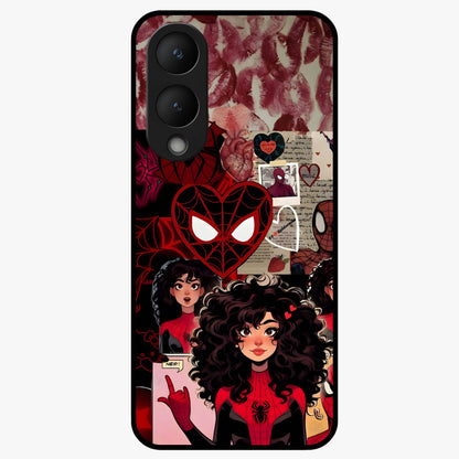 Spider Love Story Glass Case showing flat back view with romantic superhero themed artwork and glossy glass finish.