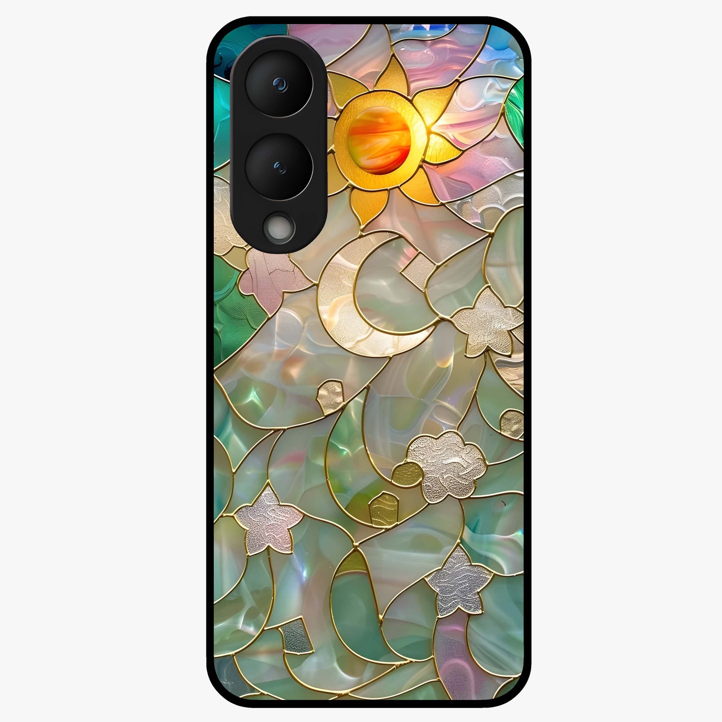 Stained Sunrise Glow Glass Case showing flat back view with glowing sunrise stained pattern artwork and glossy glass finish.