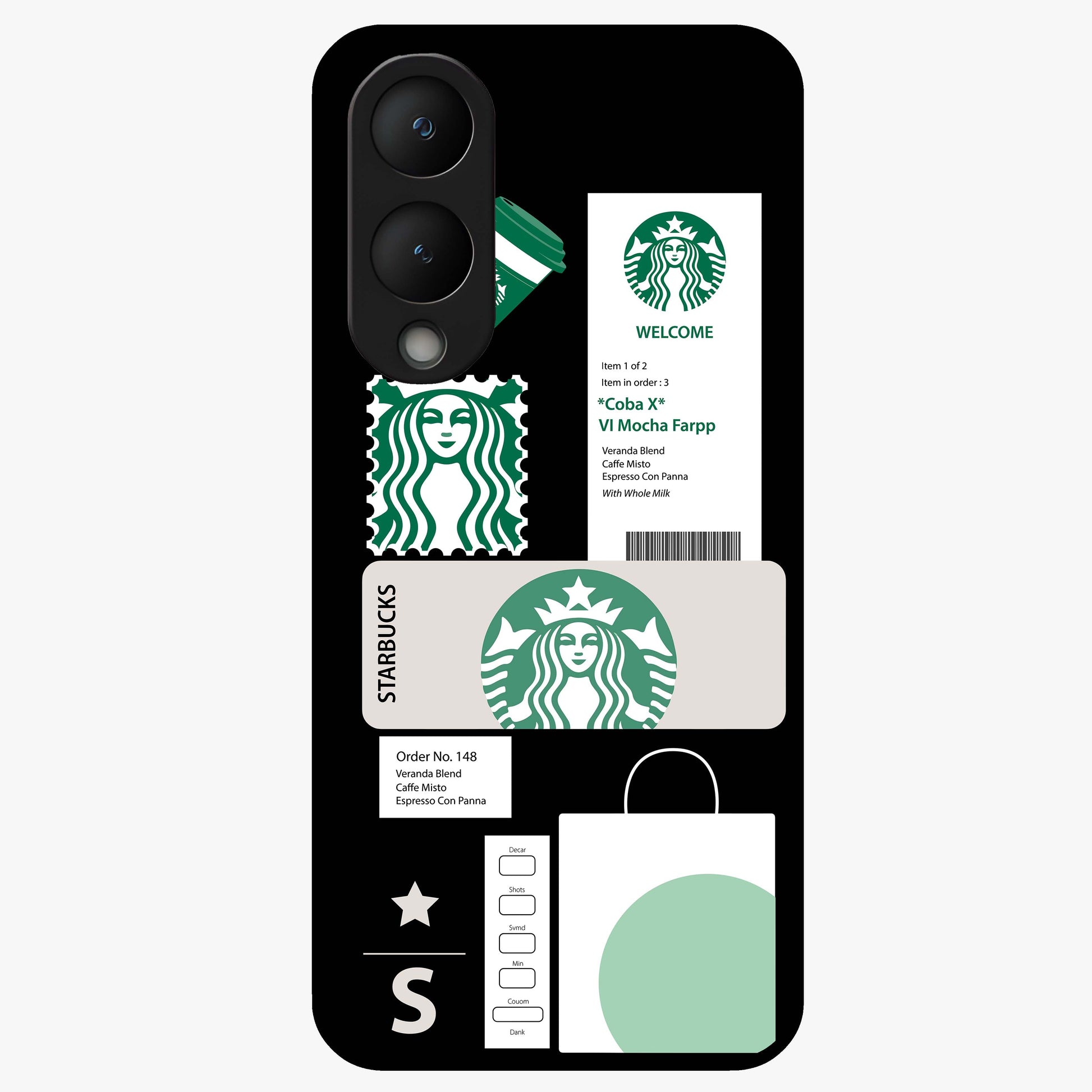 Starbucks Mocha Glass Case showing flat back view with coffee inspired artwork and glossy glass finish.