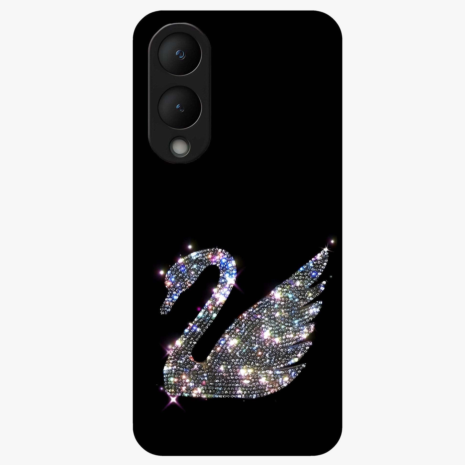 Starlit Swan Grace Glass Case showing flat back view with graceful swan artwork under starry sky and glossy glass finish.