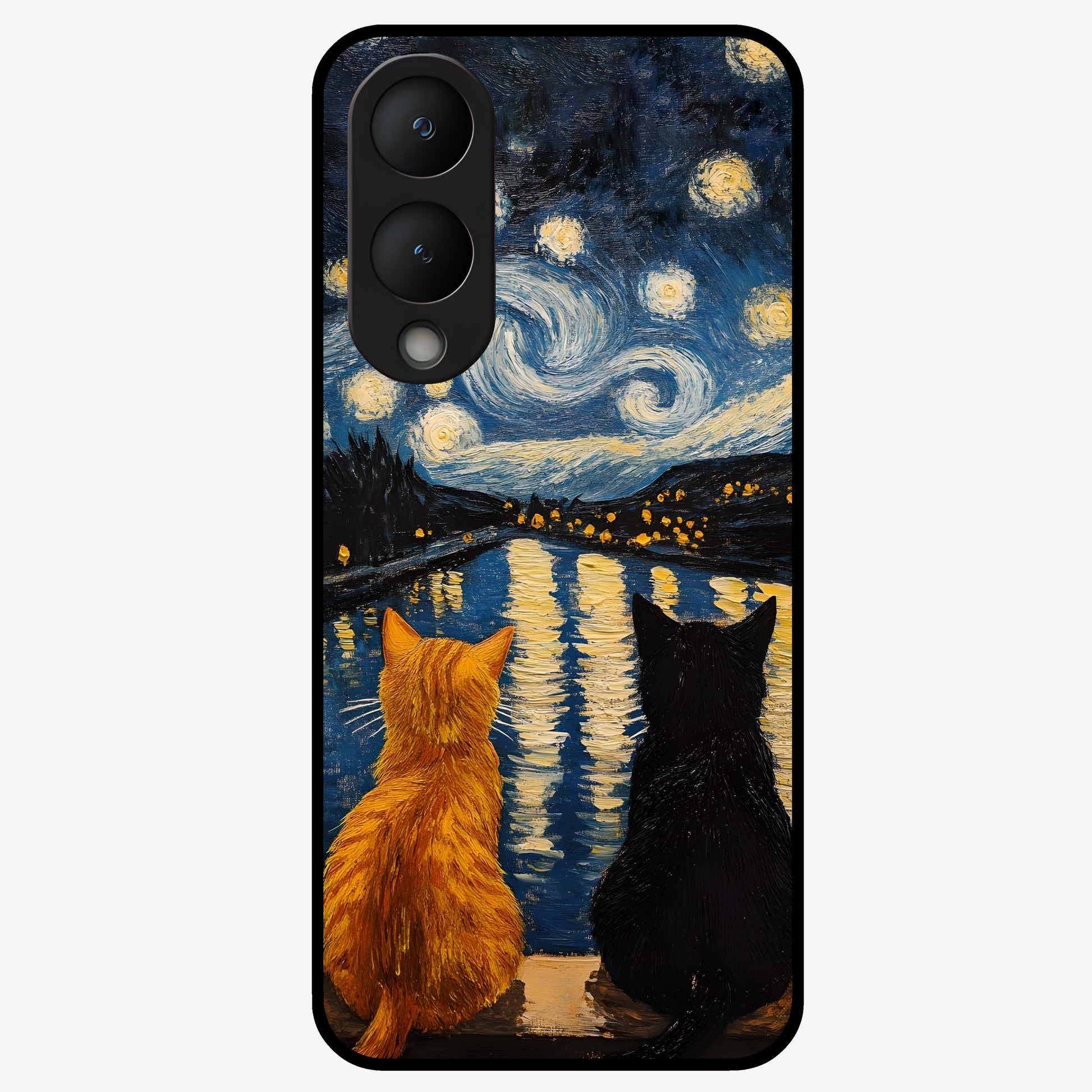 Starry River Cats Glass Case showing flat back view with cats by a starry river artwork and glossy glass finish.