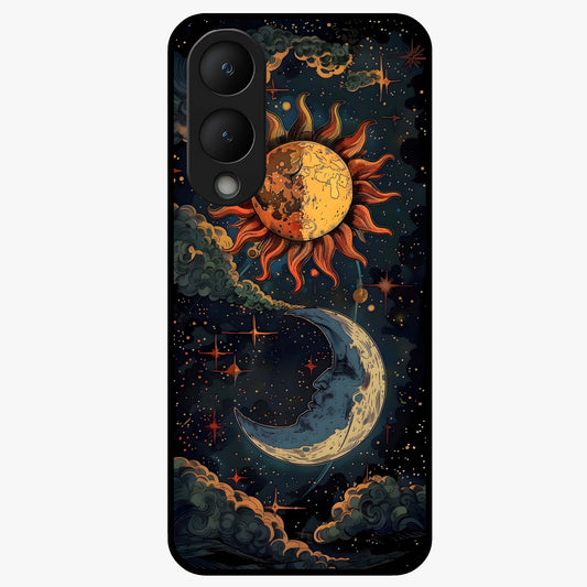 Sun And Moon Magic Design Glass Case showing flat back view with mystical sun and moon artwork and glossy glass finish.
