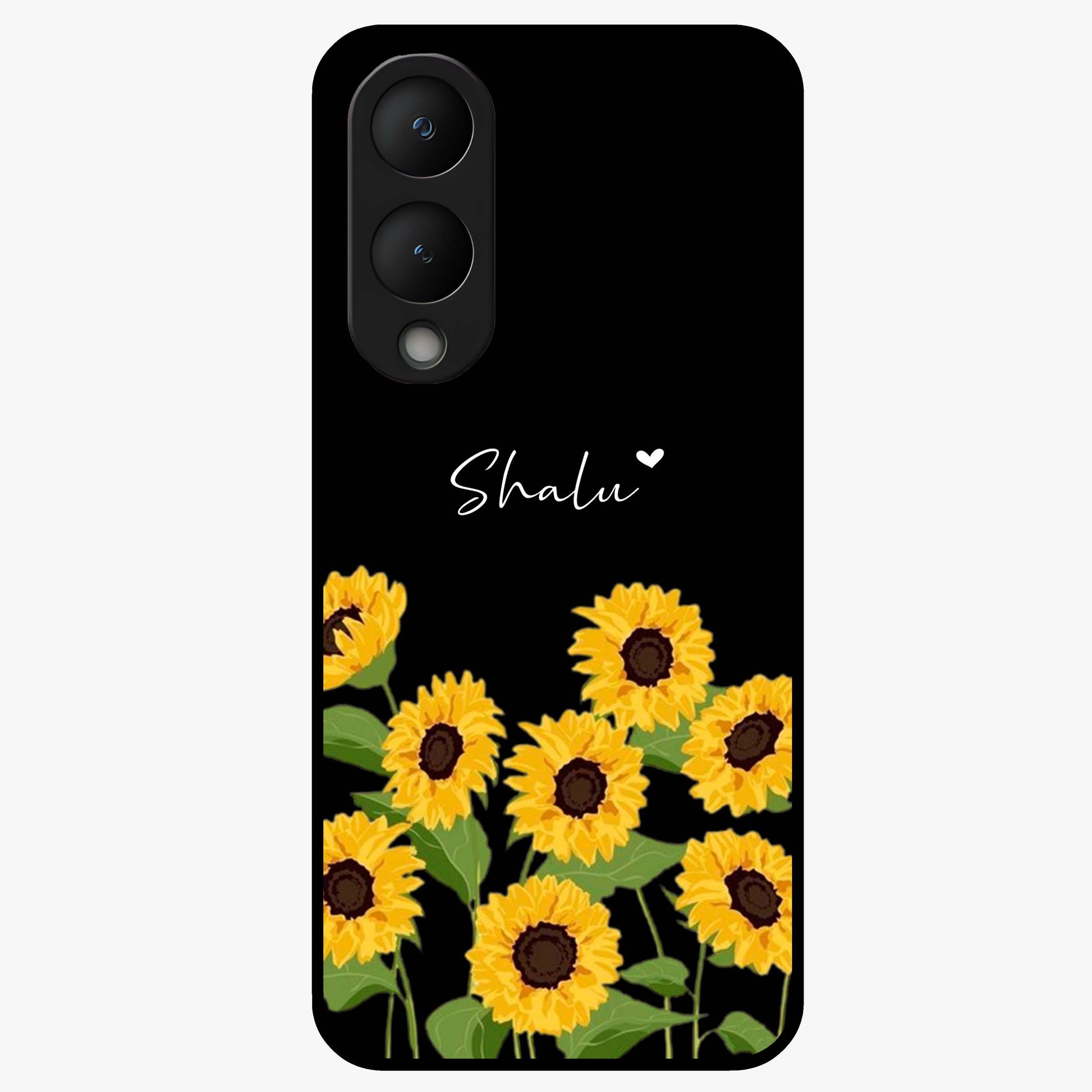Sunflower Chic Mood Custom Name Glass Case showing flat back view with stylish sunflower artwork and personalized name design.