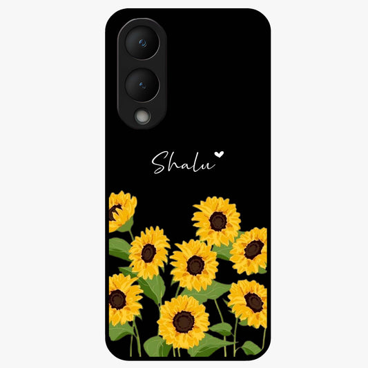 Sunflower Chic Mood Custom Name Glass Case showing flat back view with stylish sunflower artwork and personalized name design.
