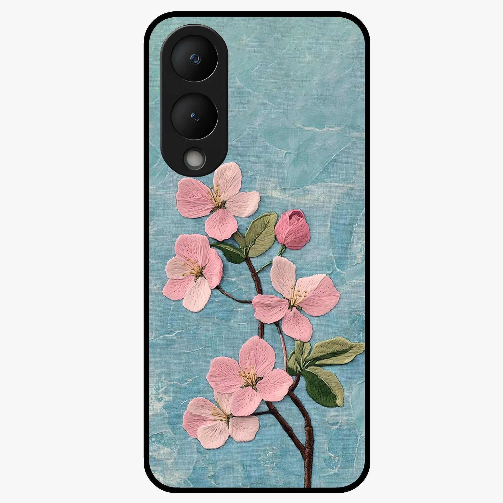 Threaded Blossom Breeze Glass Case showing flat back view with delicate blossom artwork and glossy glass finish.