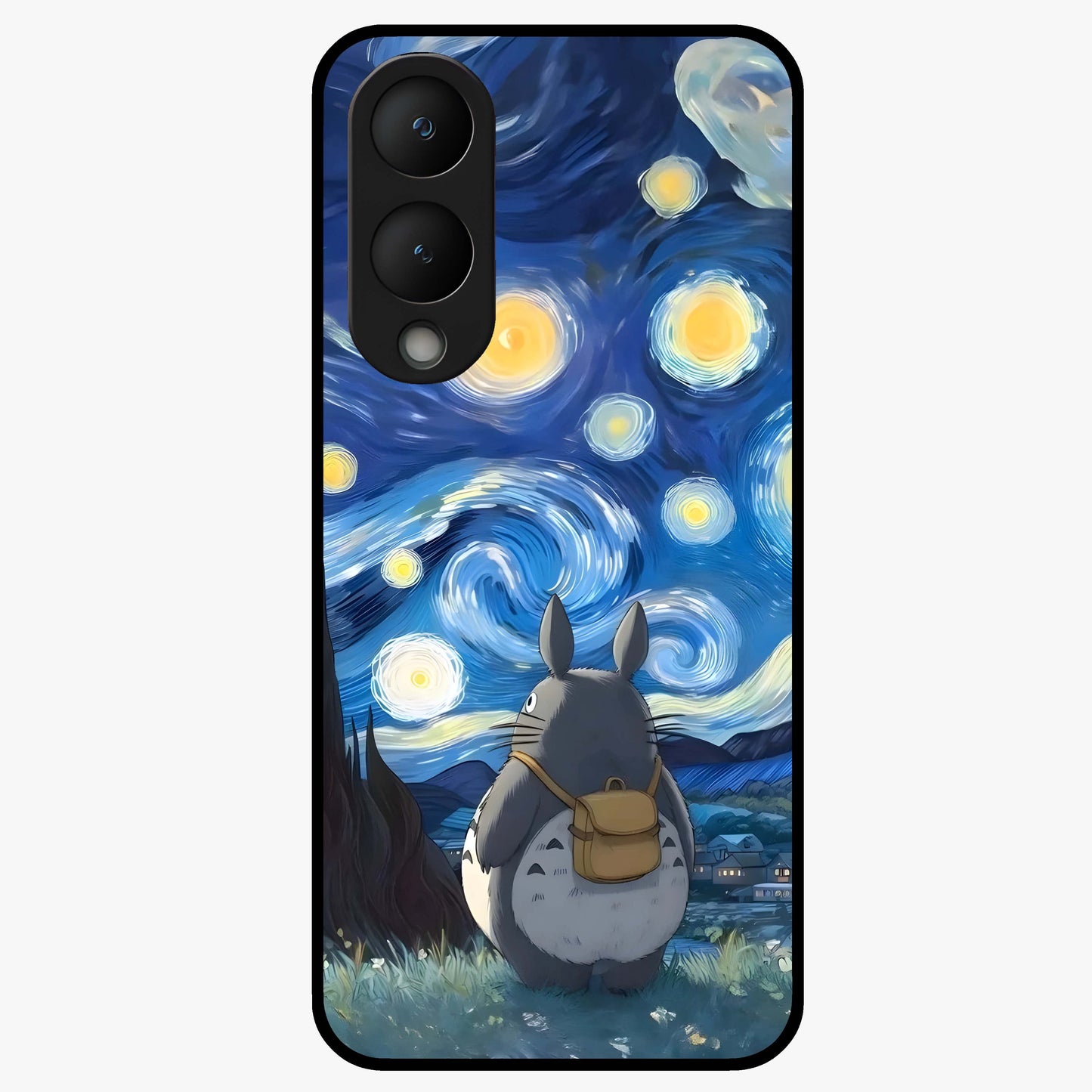 Totoro In Van Gogh Art Glass Case showing flat back view with whimsical character artwork inspired by Van Gogh style and glossy glass finish.