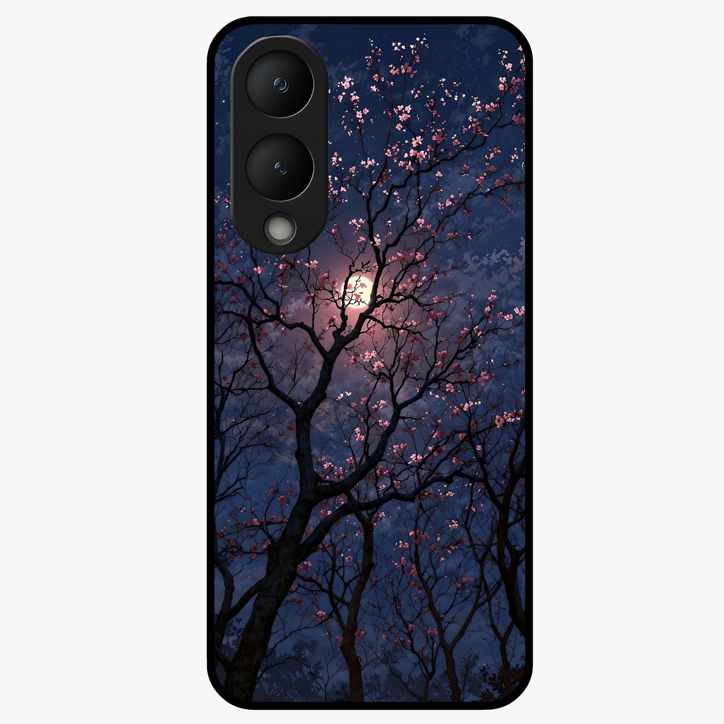 Twilight Sakura Serenade Glass Case showing flat back view with cherry blossom artwork at twilight and glossy glass finish.
