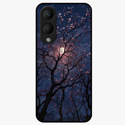 Twilight Sakura Serenade Glass Case showing flat back view with cherry blossom artwork at twilight and glossy glass finish.